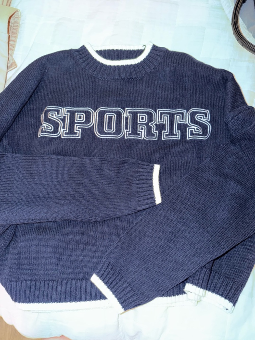 Women’s Navy 'SPORTS' Knit cropped Sweater with White Trim
